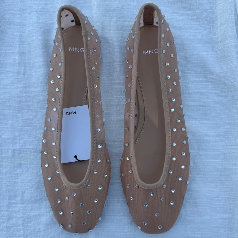 Mango Rhinestone Mesh Ballet Flats – Nude/Beige – EU 40 (US 9)